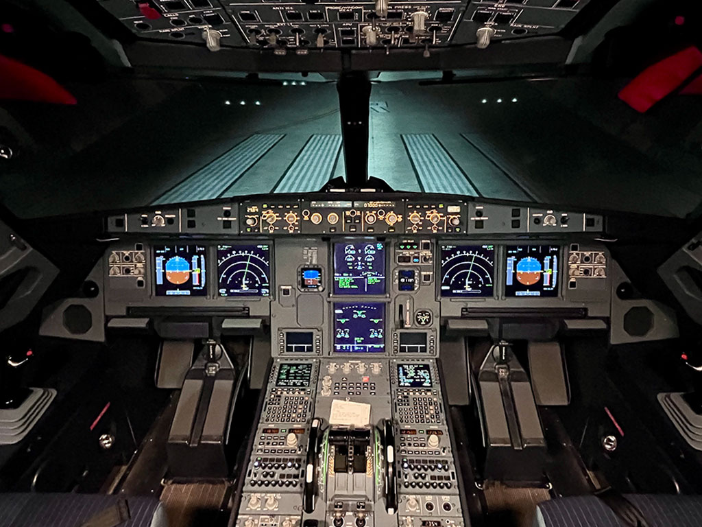 Cockpit of an Air Canada Airbus A320 aviation simulator