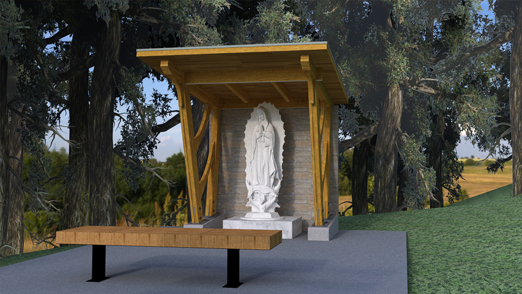 Architectural rendering of the outdoor Marian Shrine at Copper Ridge Conference Centre, with a statue of Our Lady under a timber canopy
